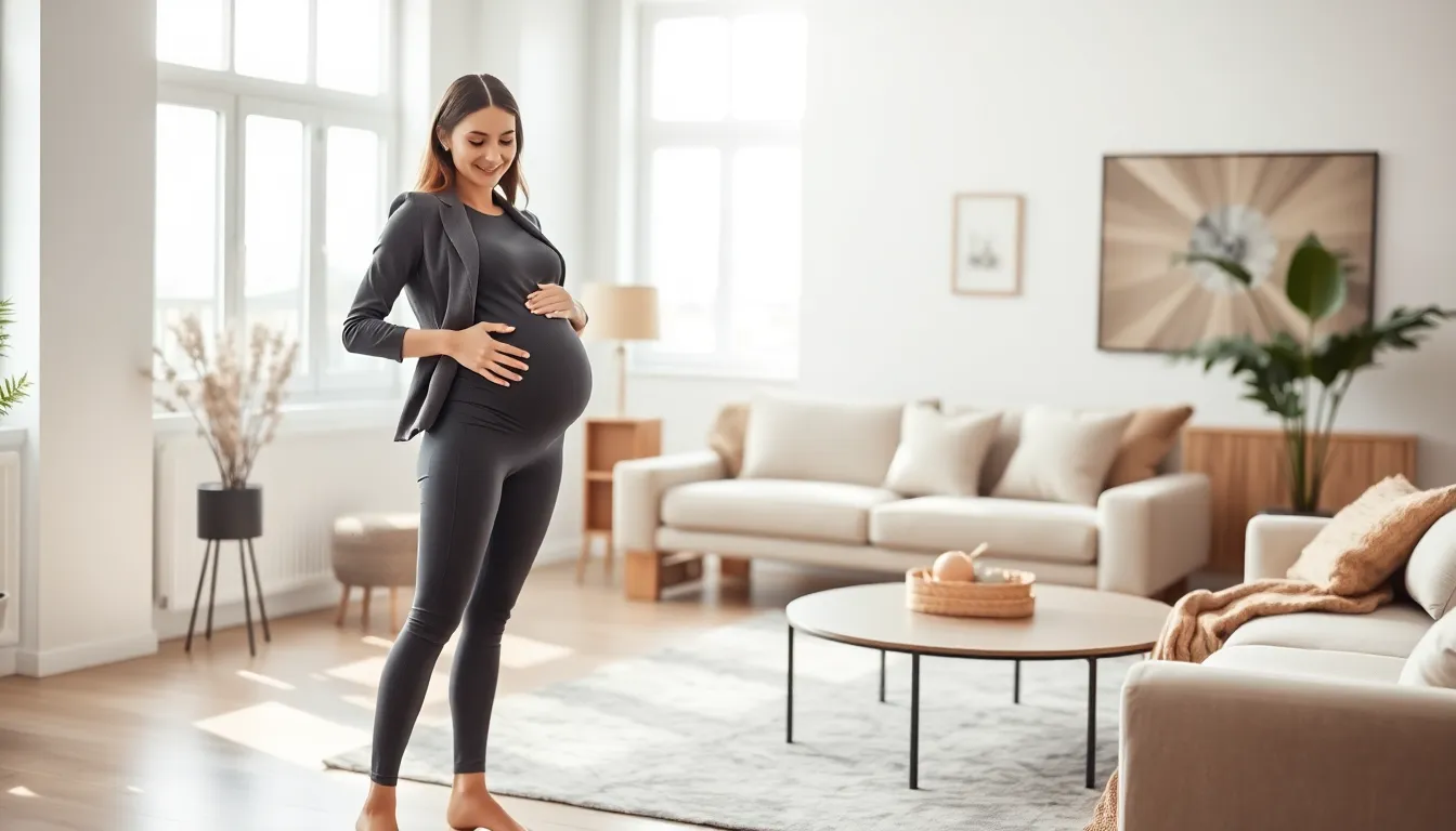 pregnant woman modeling stylish pregnancy tights in a modern living room.