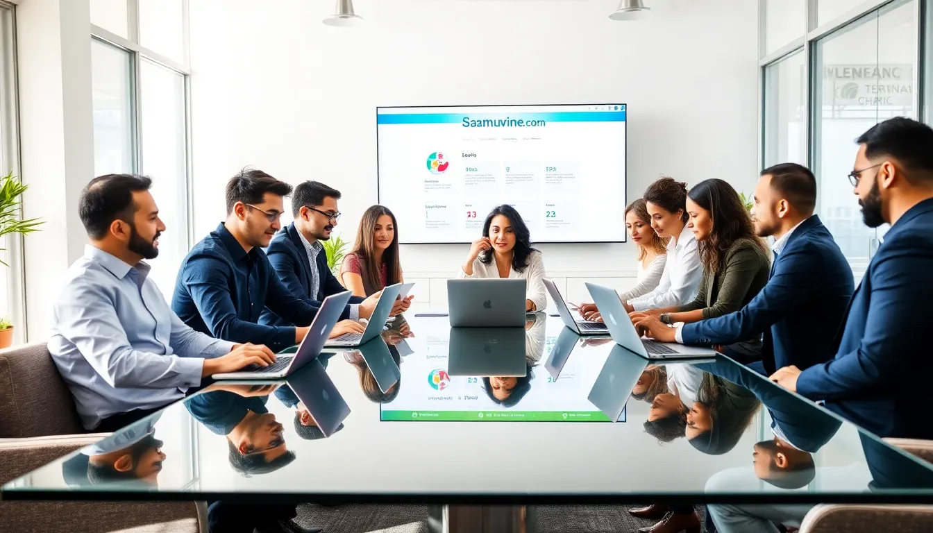 diverse team collaborating in a modern office around digital resources.