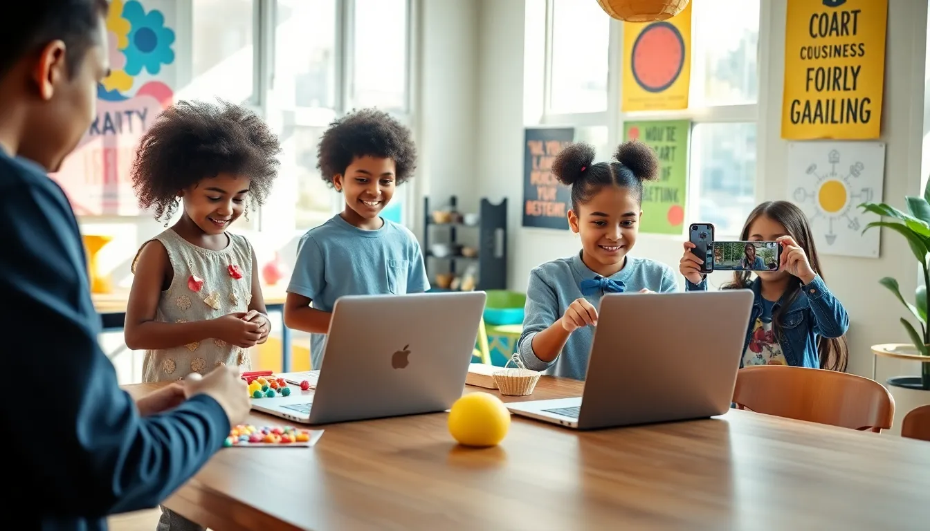 diverse children engaged in various entrepreneurial activities in a bright workspace.