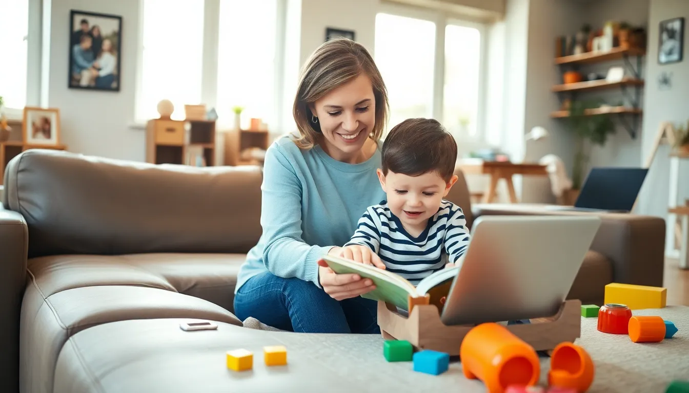 a solo parent and child reading together in a cozy living room.