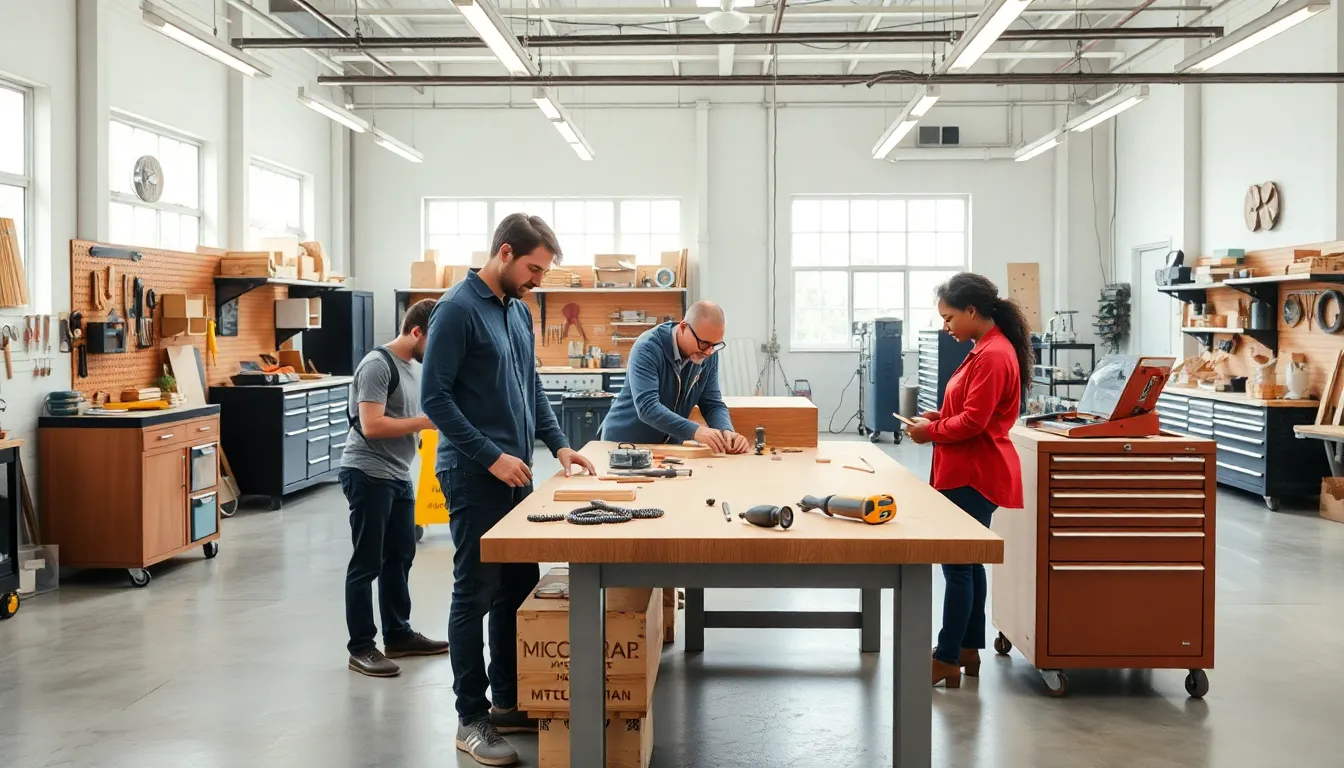 professionals organizing tools in a spacious workshop.