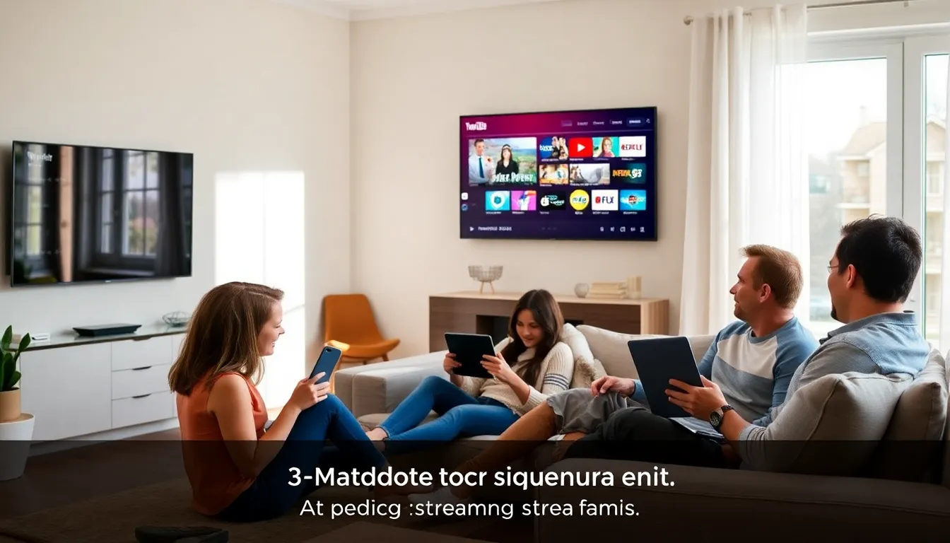 family streaming on multiple devices in a modern living room.