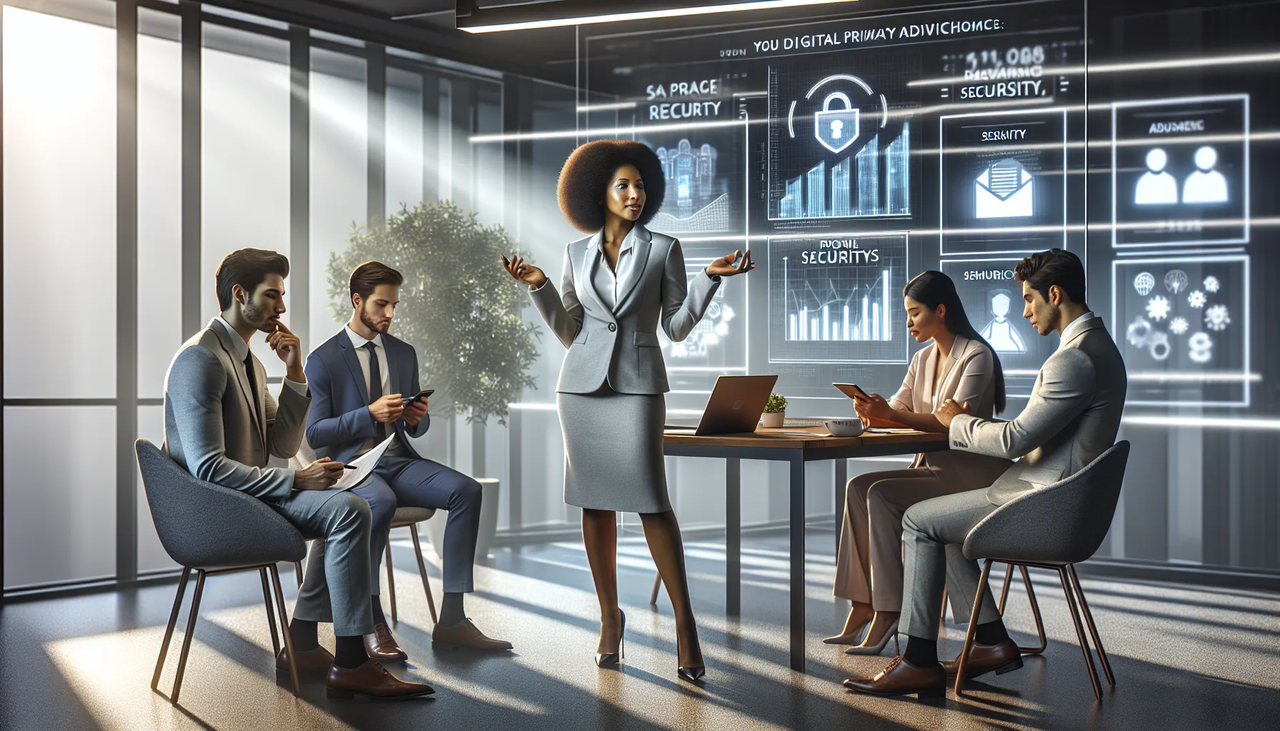 professionals discussing phone number privacy in a modern office.