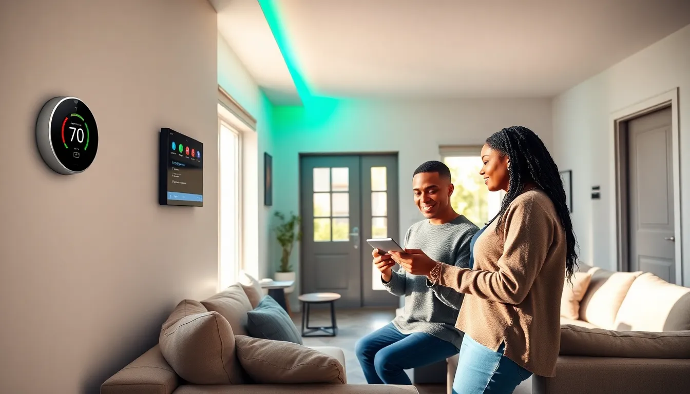 couple using a smart home system in a modern living room.