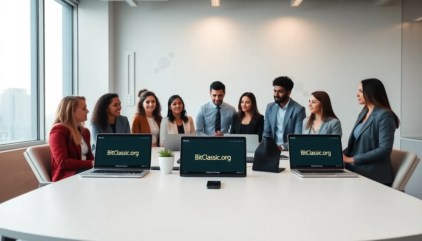 diverse team discussing cryptocurrency in a modern office.