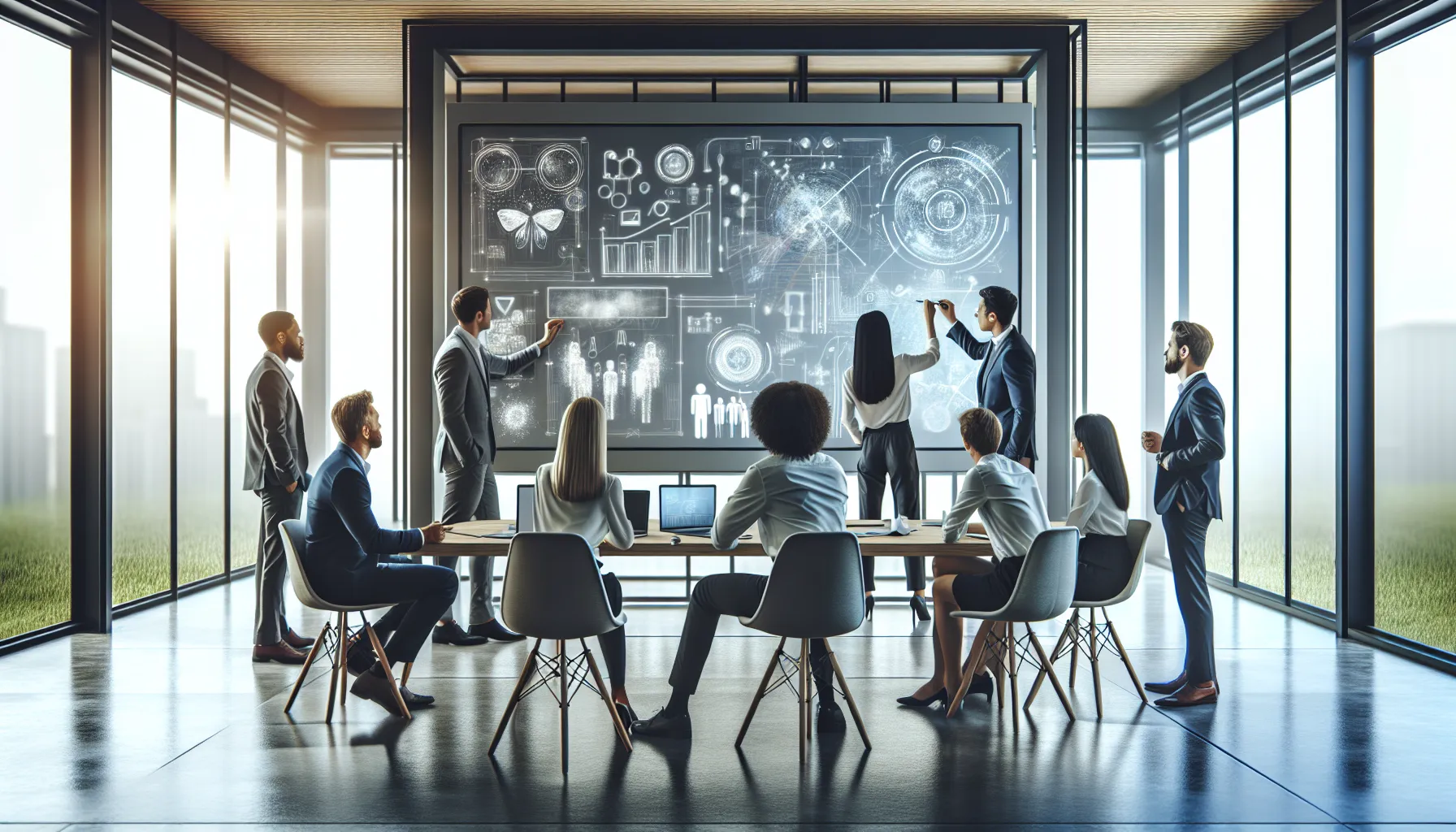 diverse professionals collaborating on a digital concept in a modern office.