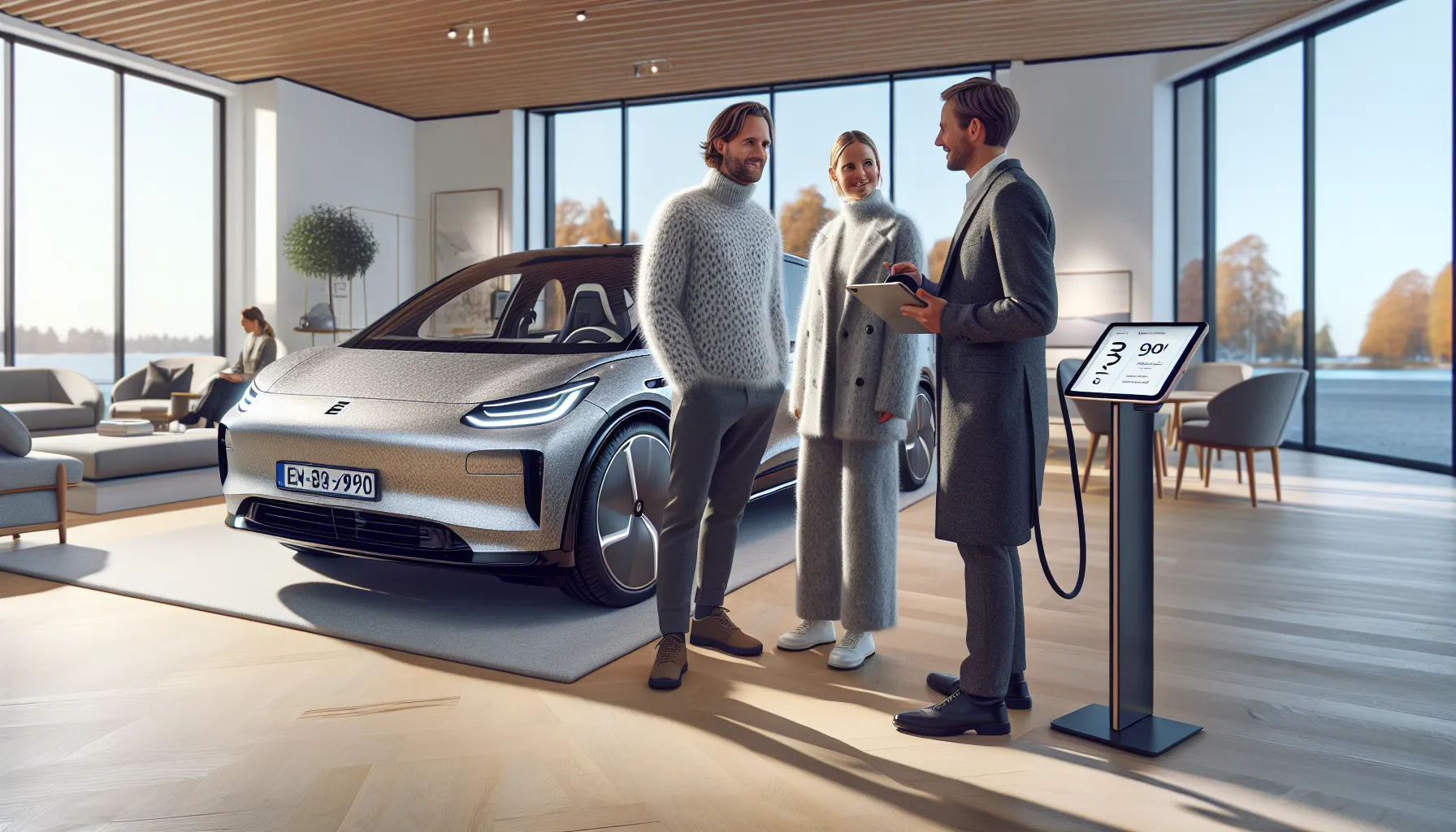 Norwegian couple reviews fixed-cost EV lease beside charging car in Oslo showroom.