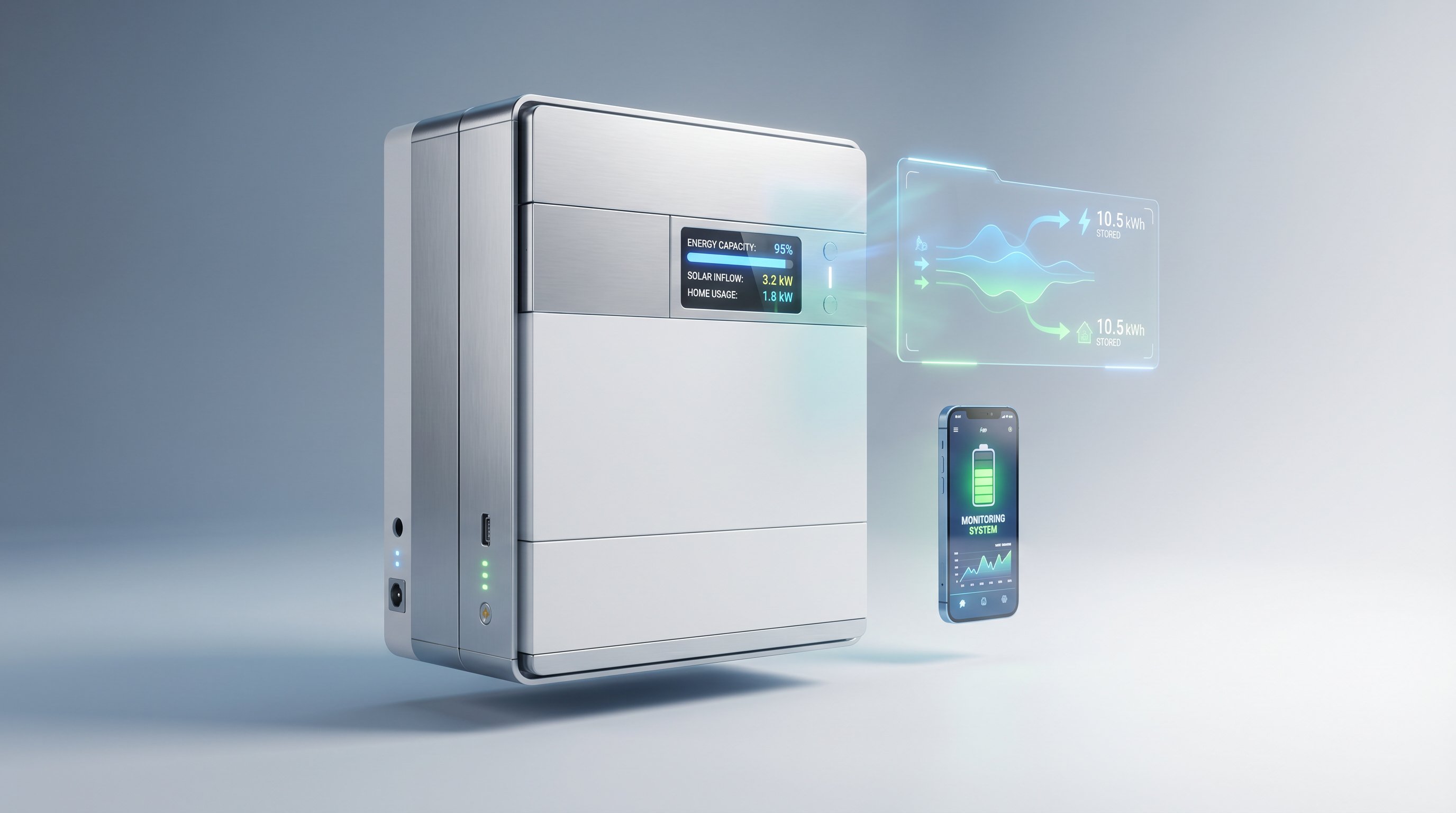 3D render of modern home battery storage system with digital monitoring interface