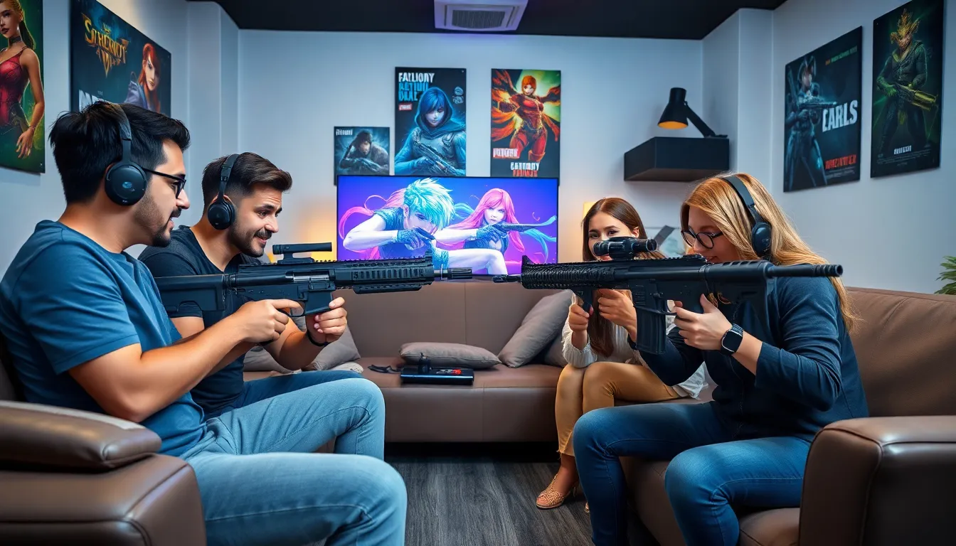 gamers strategizing in a modern gaming room with RPG gameplay.