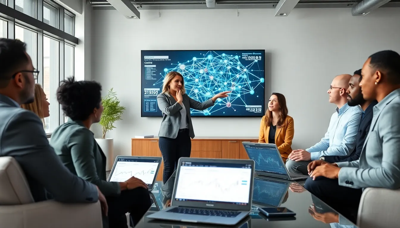 diverse team discussing Bitclassic blockchain in a modern office.