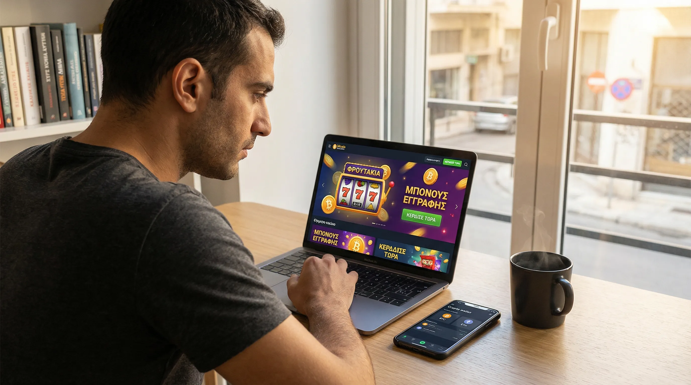 Greek man using laptop to access Bitcoin crypto casino with digital slots on screen.