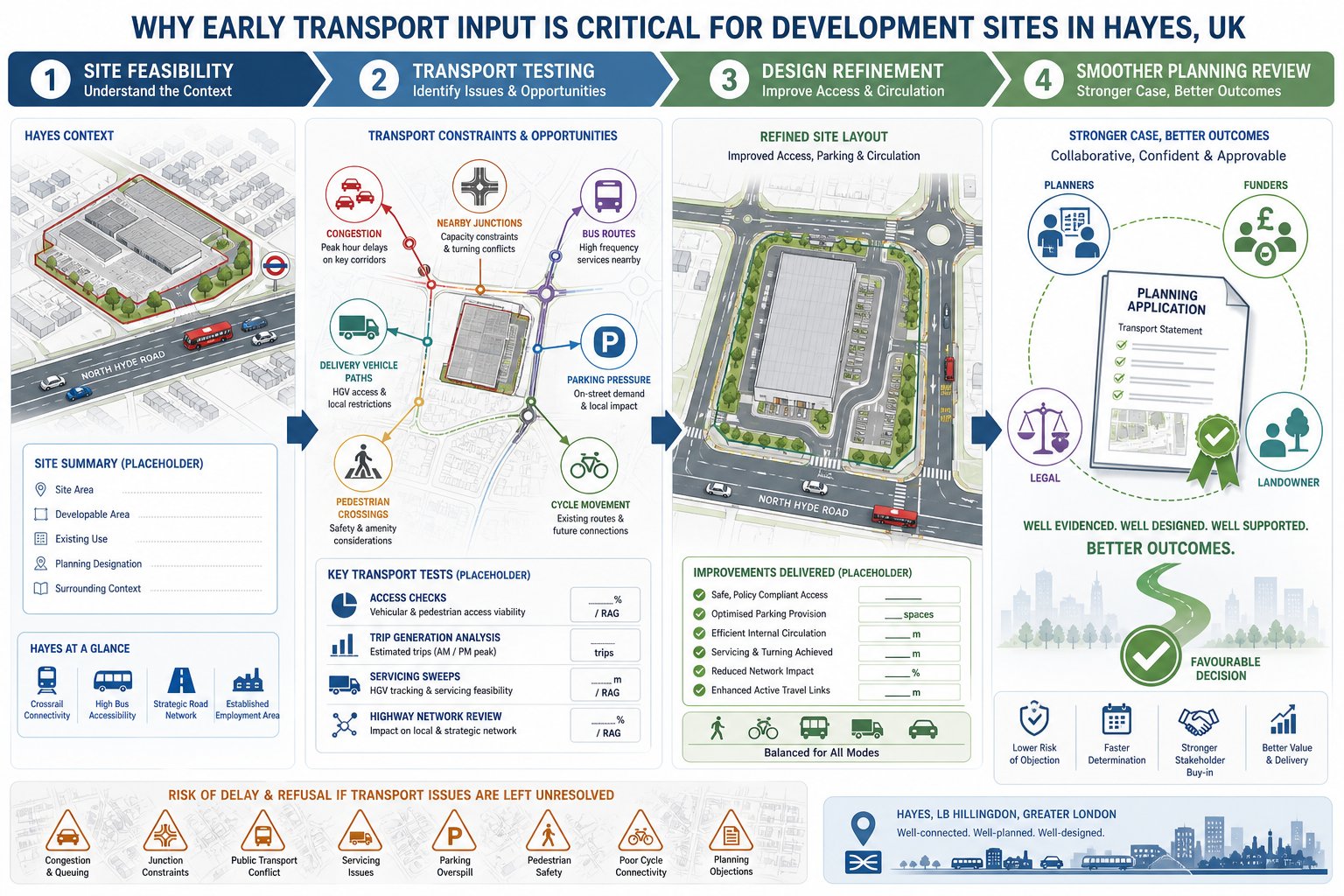 Infographic showing early transport planning steps for Hayes development sites.