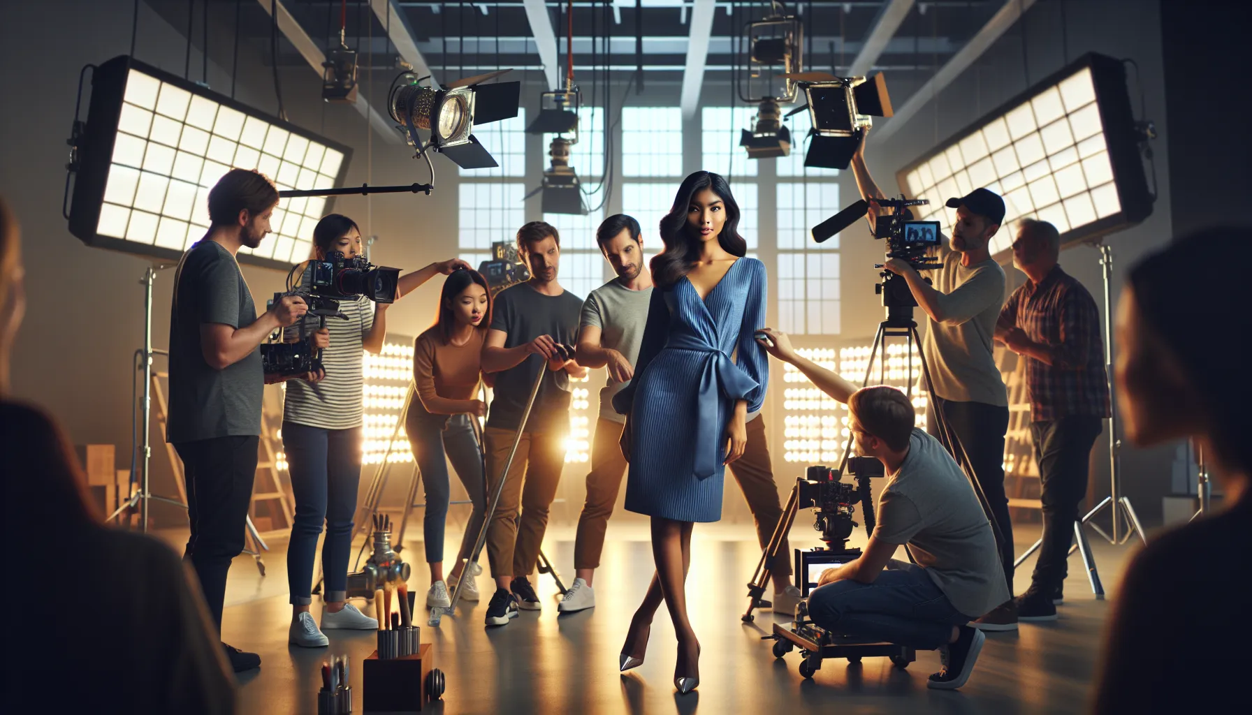 a woman in a blue dress on a vibrant commercial set.