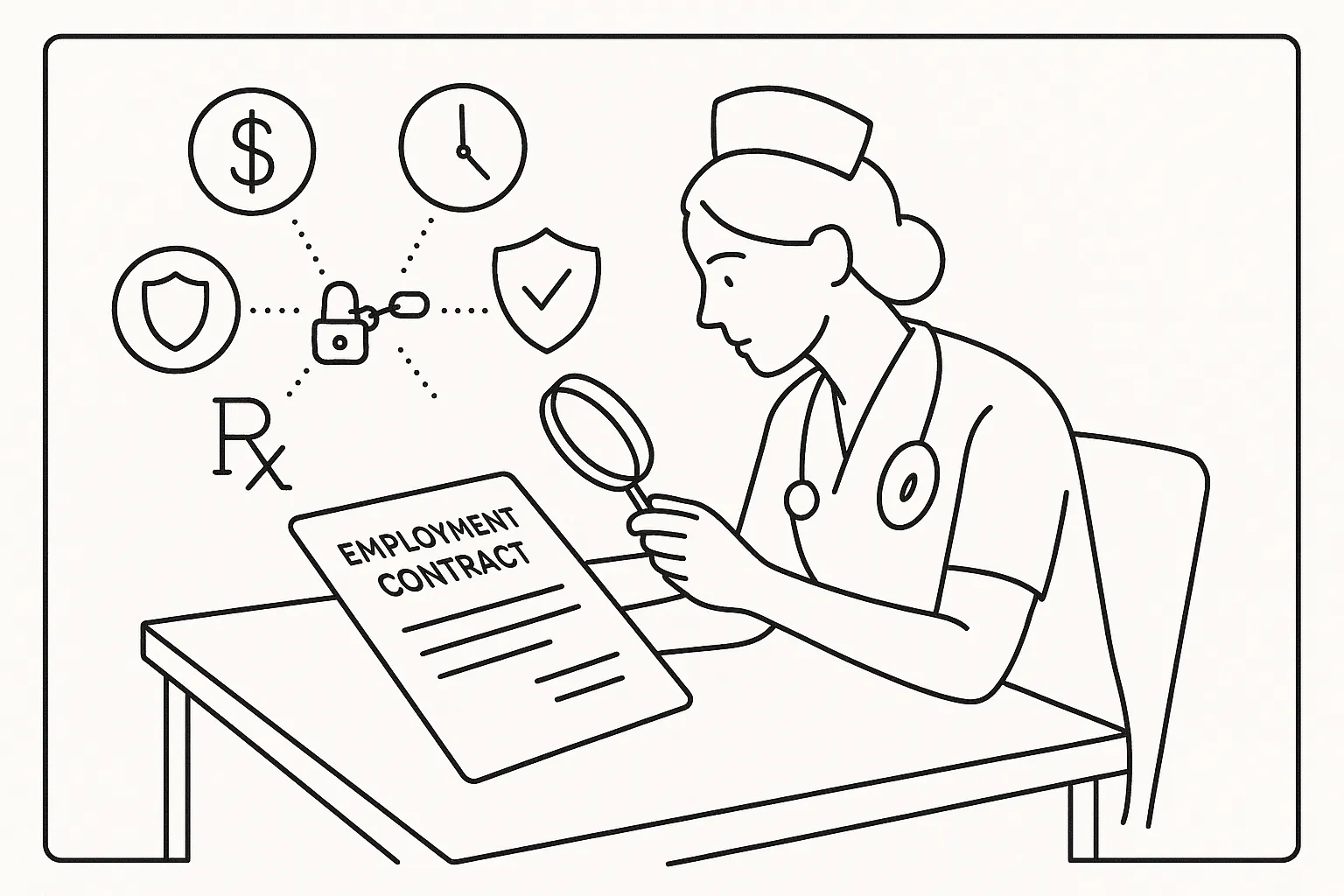 Nurse practitioner at desk examining a contract with related legal and pay icons of Rhode Island Nurse Practitioner Contract Review.