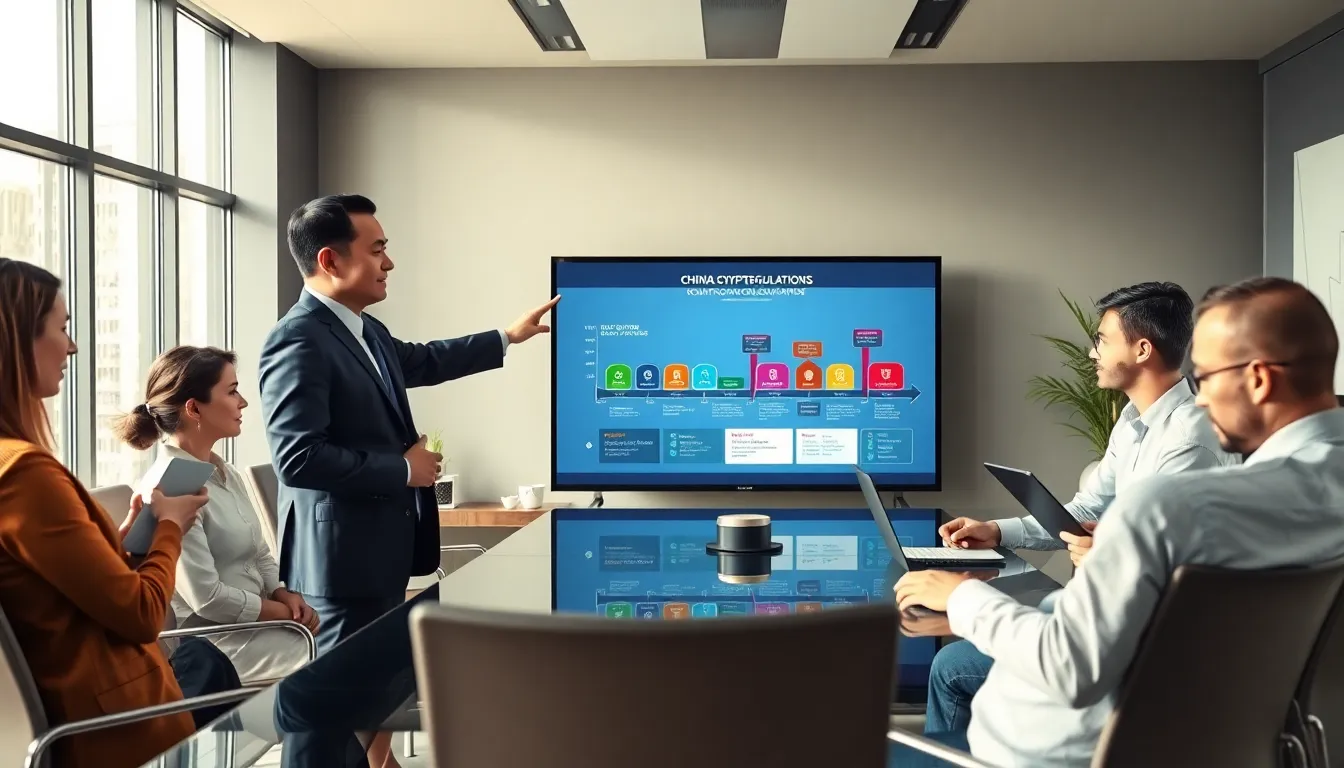 diverse team discussing cryptocurrency regulations in a modern conference room.