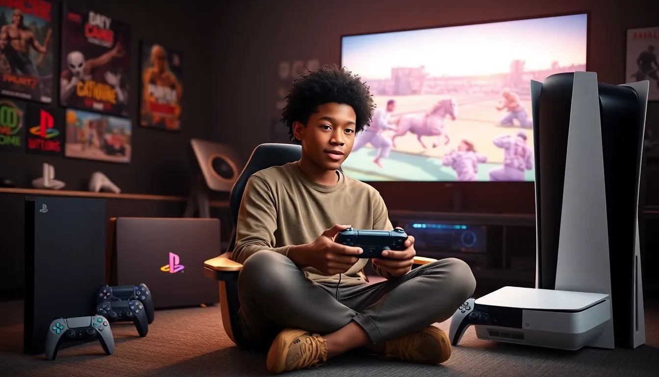 A gamer surrounded by different PlayStation consoles showcasing their evolution.