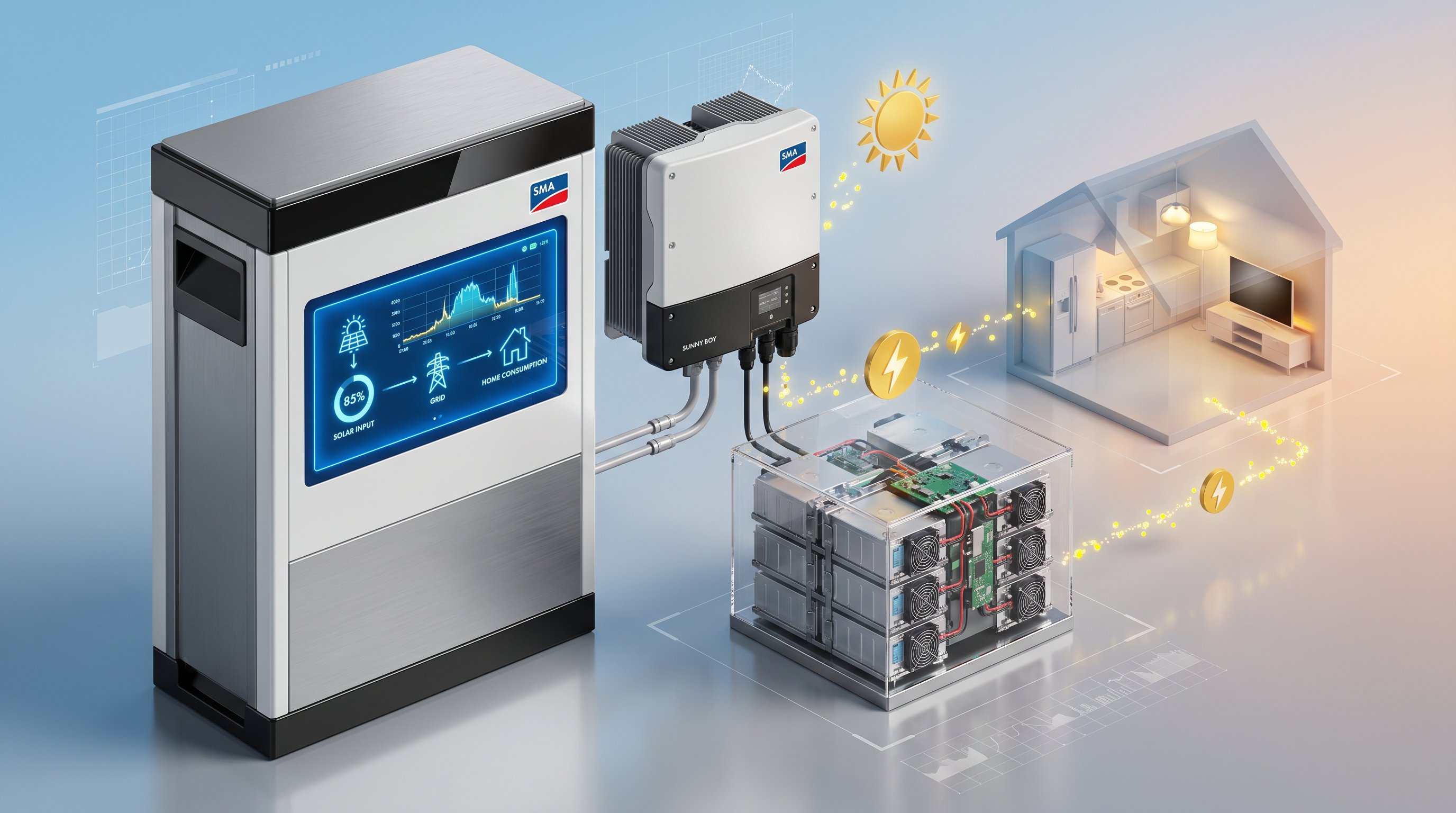 3D render of SMA battery storage system with solar inverter and energy flow visualization.