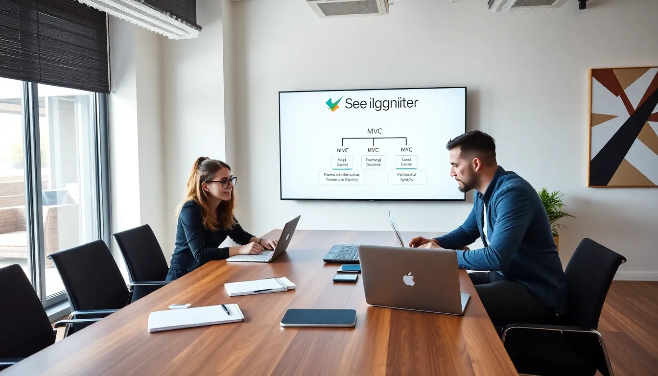diverse web development team collaborating on CodeIgniter projects in a modern office.