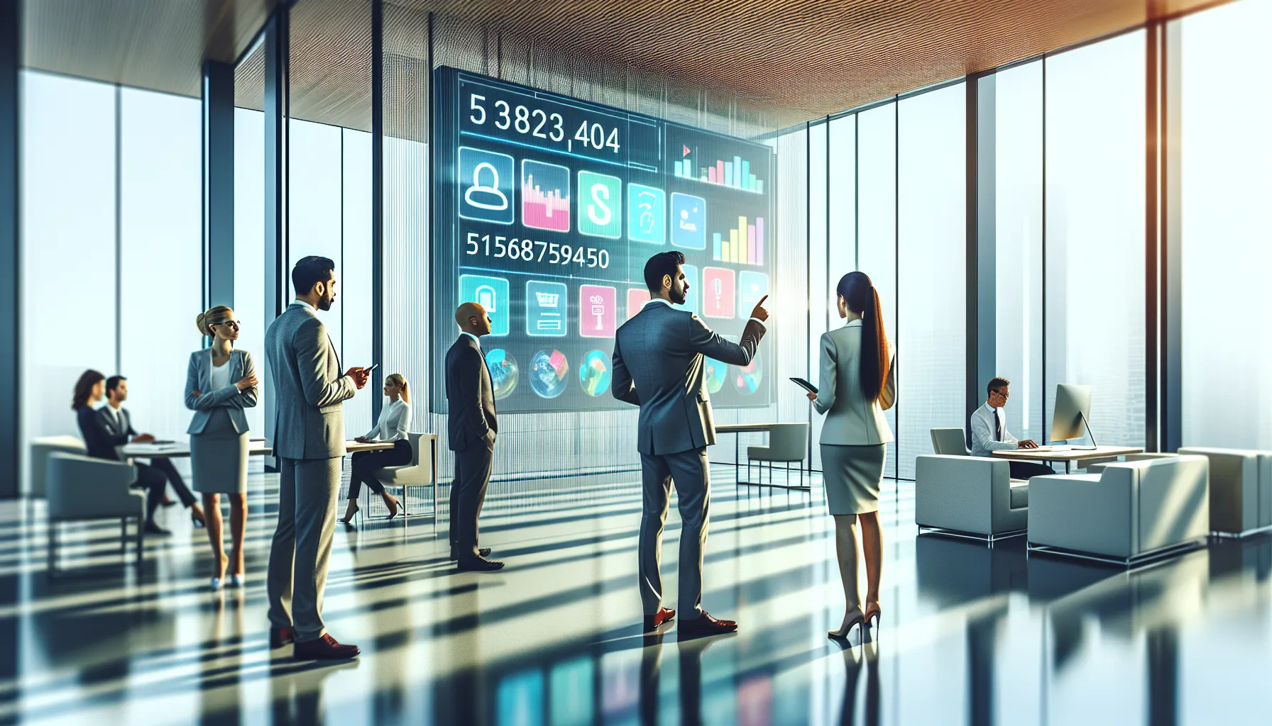 diverse professionals discussing the significance of a number in a modern office.