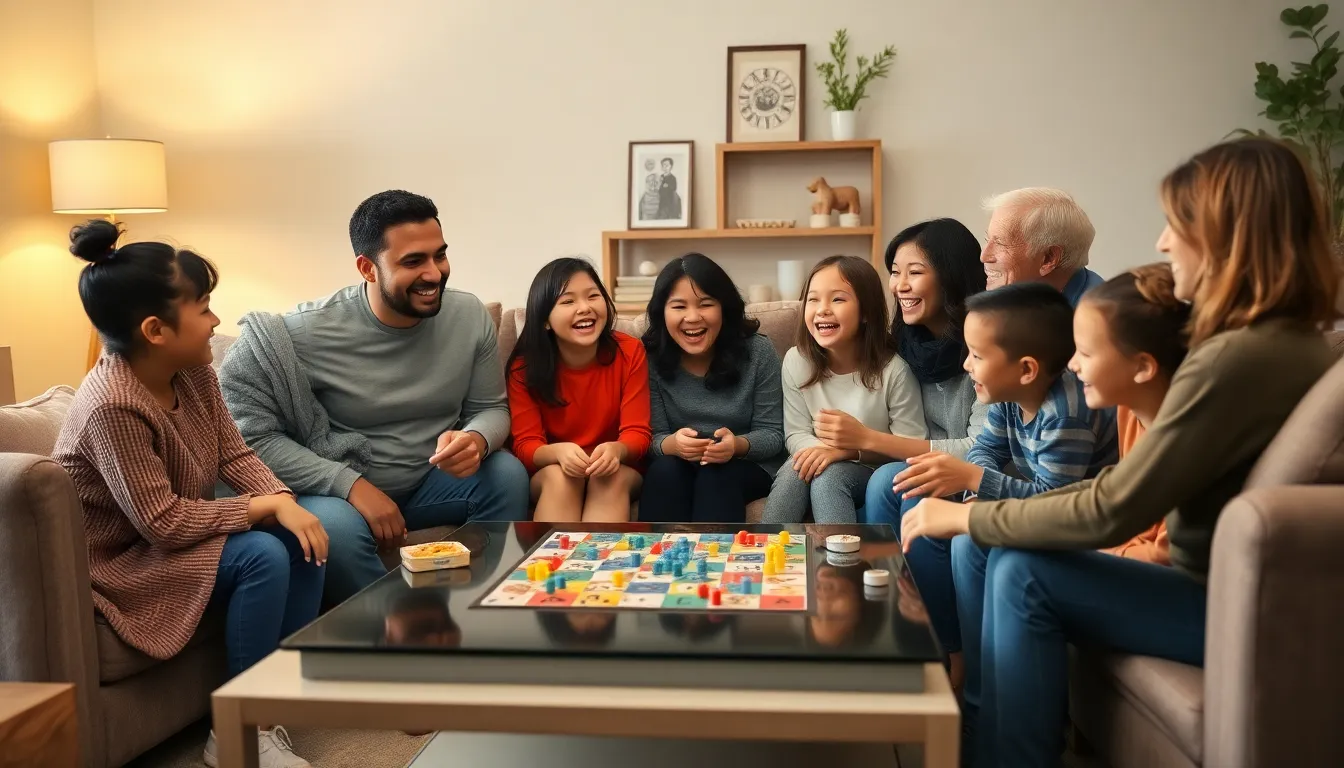 family enjoying a board game in a cozy living room.