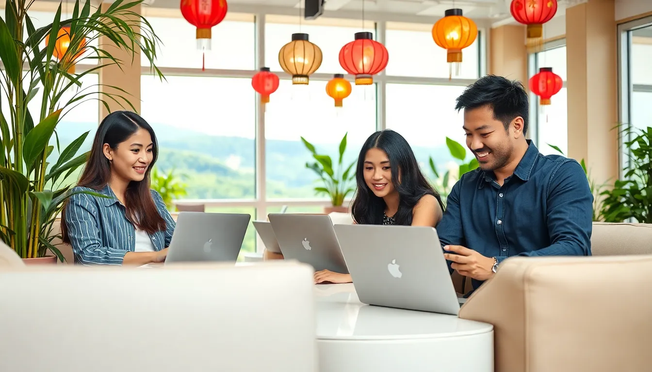 diverse digital nomads working in a modern co-working space in Taiwan.