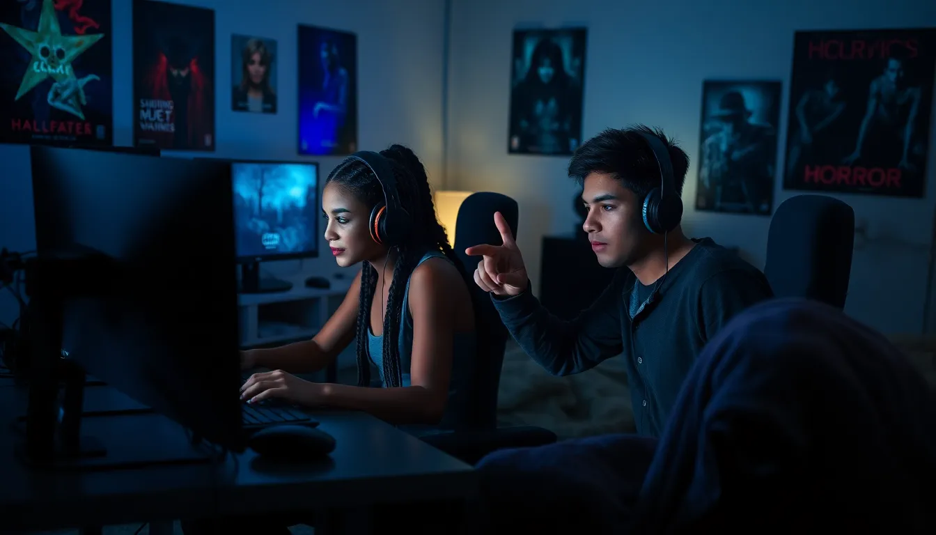 two teens gaming together, immersed in dark horror games in a cozy room.