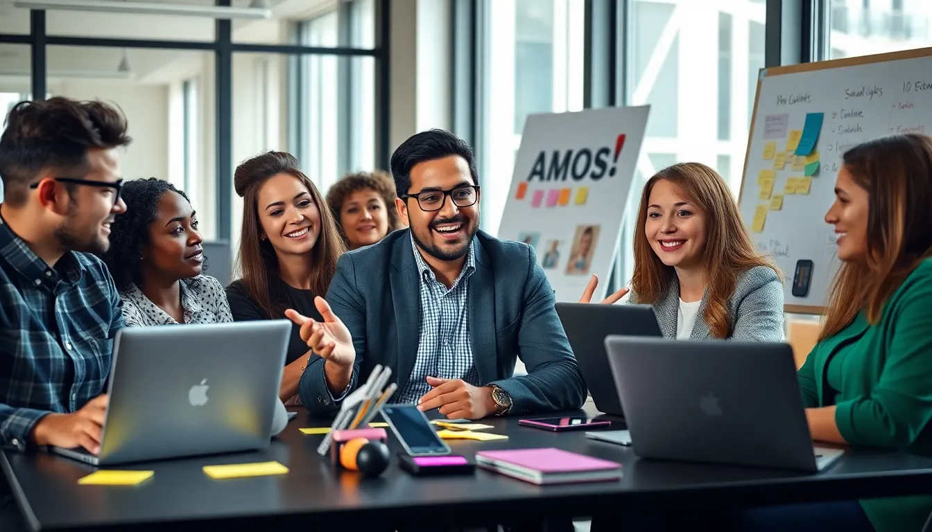 diverse professionals discussing social media terminology in a modern office.