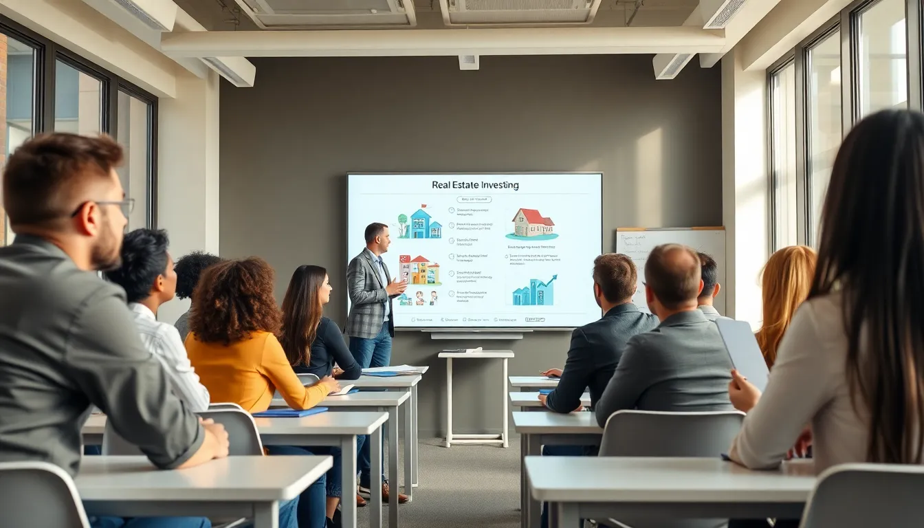 diverse group learning about real estate investing in a modern classroom.