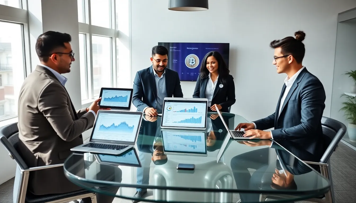 professionals discussing Bitclassic cryptocurrency in a modern office setting.