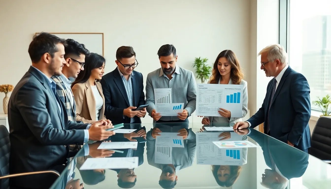 diverse financial advisors discussing retirement planning in a modern office.