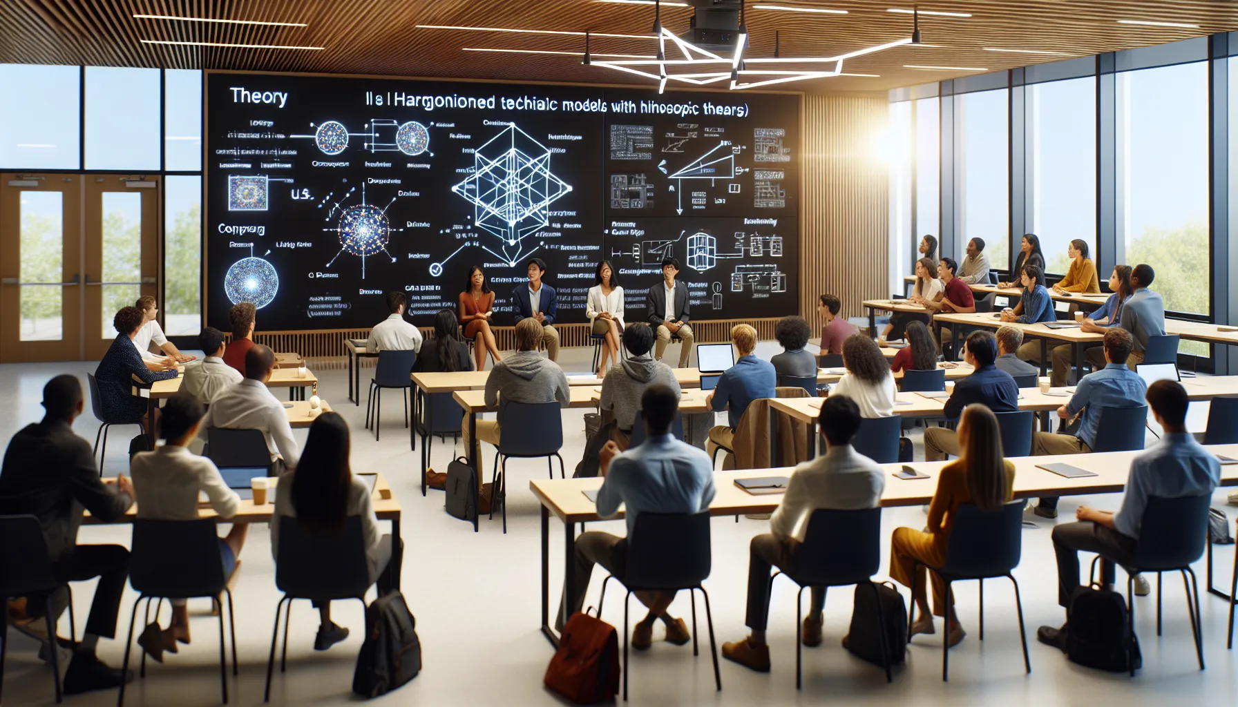 diverse professionals in a vibrant classroom discussing a complex concept.