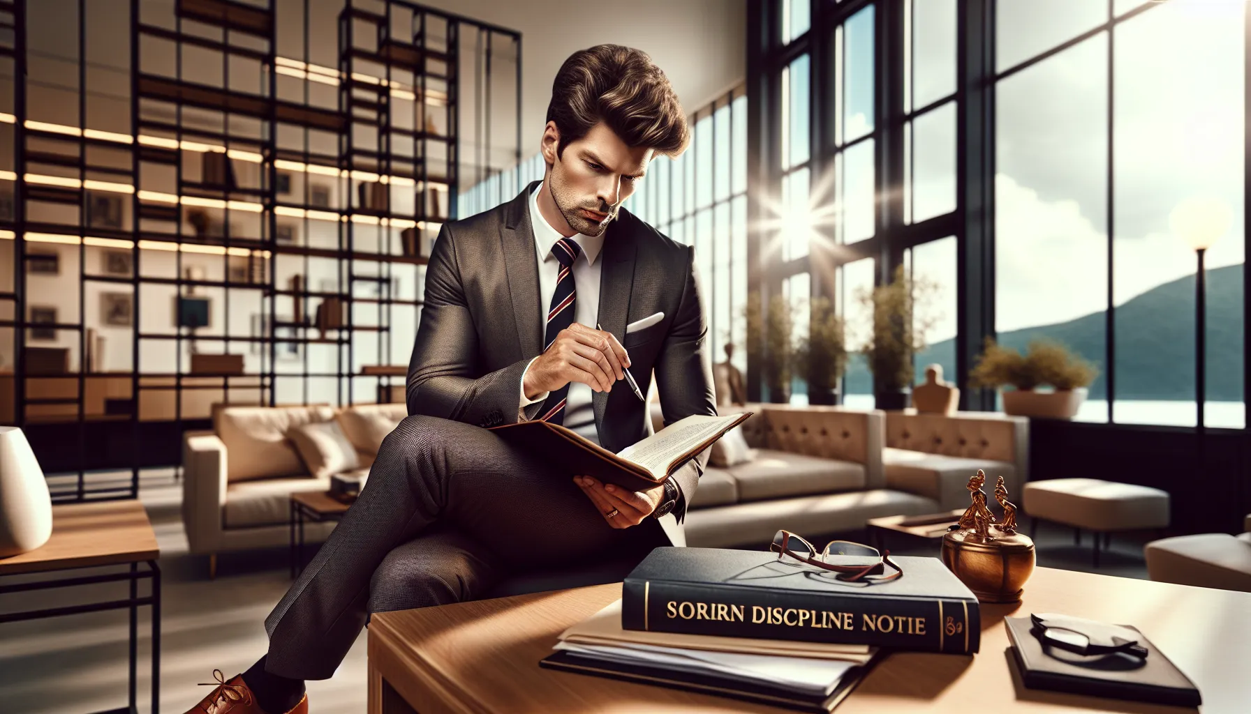 HR professional reviewing disciplinary warning documents at office desk