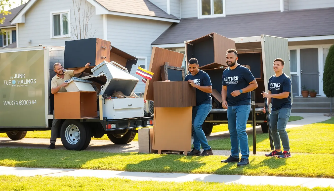 diverse junk hauling team clearing unwanted items from a home.