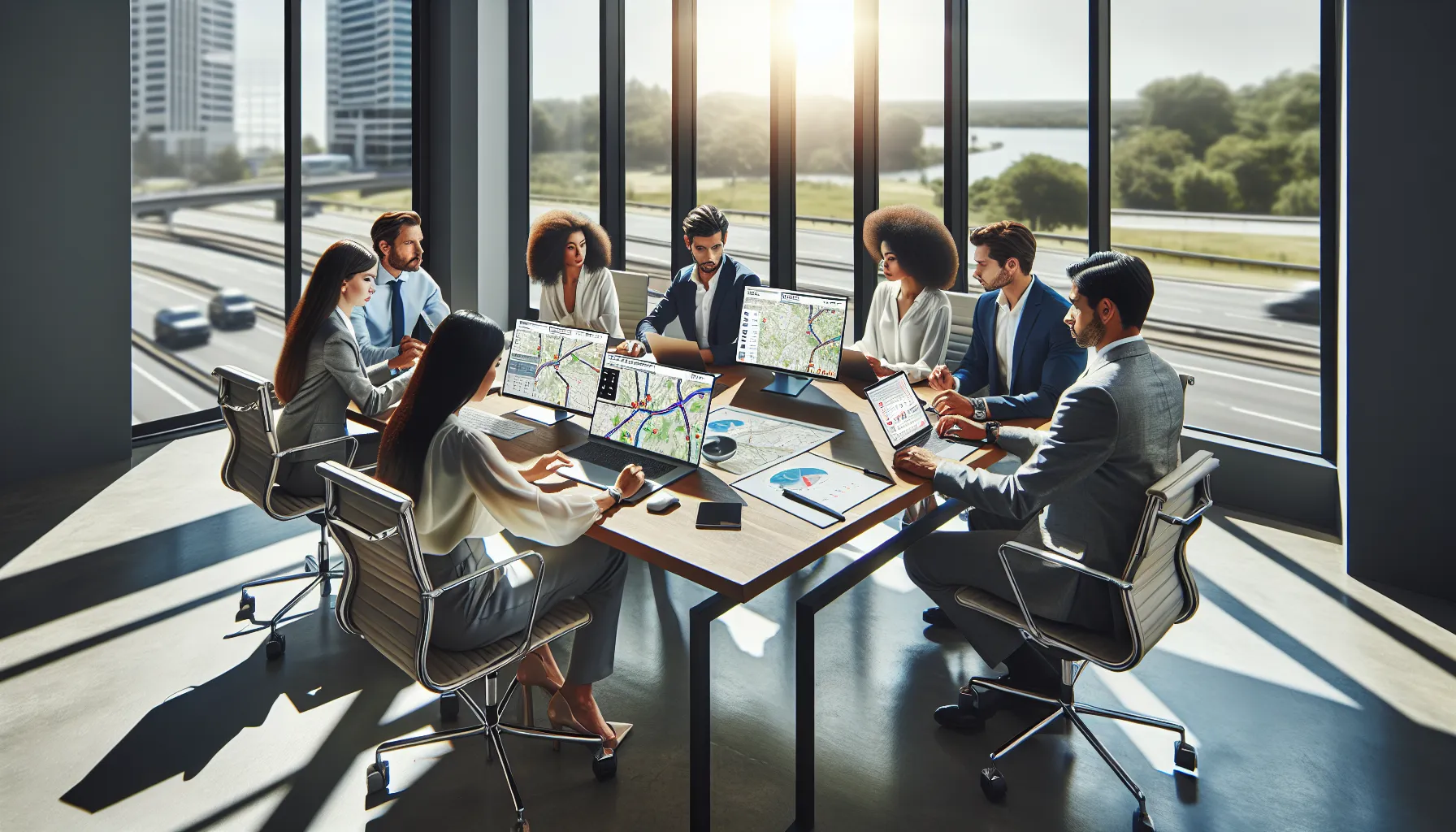 diverse team discussing travel logistics in a modern office.