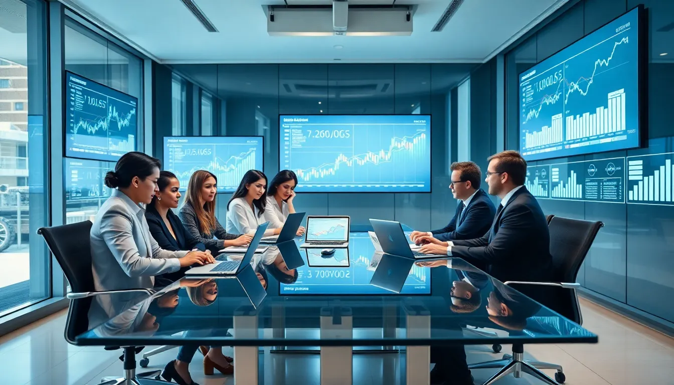 diverse team analyzing economic trends in a modern office.