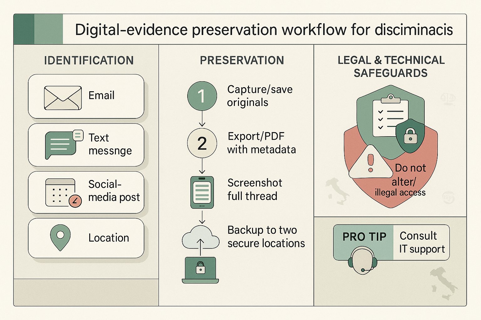 Guida visiva che mostra i passi per preservare le prove digitali (email, messaggi, backup).