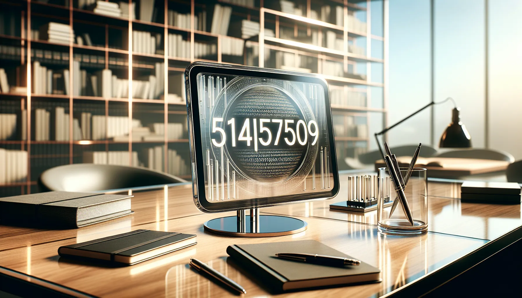 A modern workspace with a tablet showing the number 5143753809.