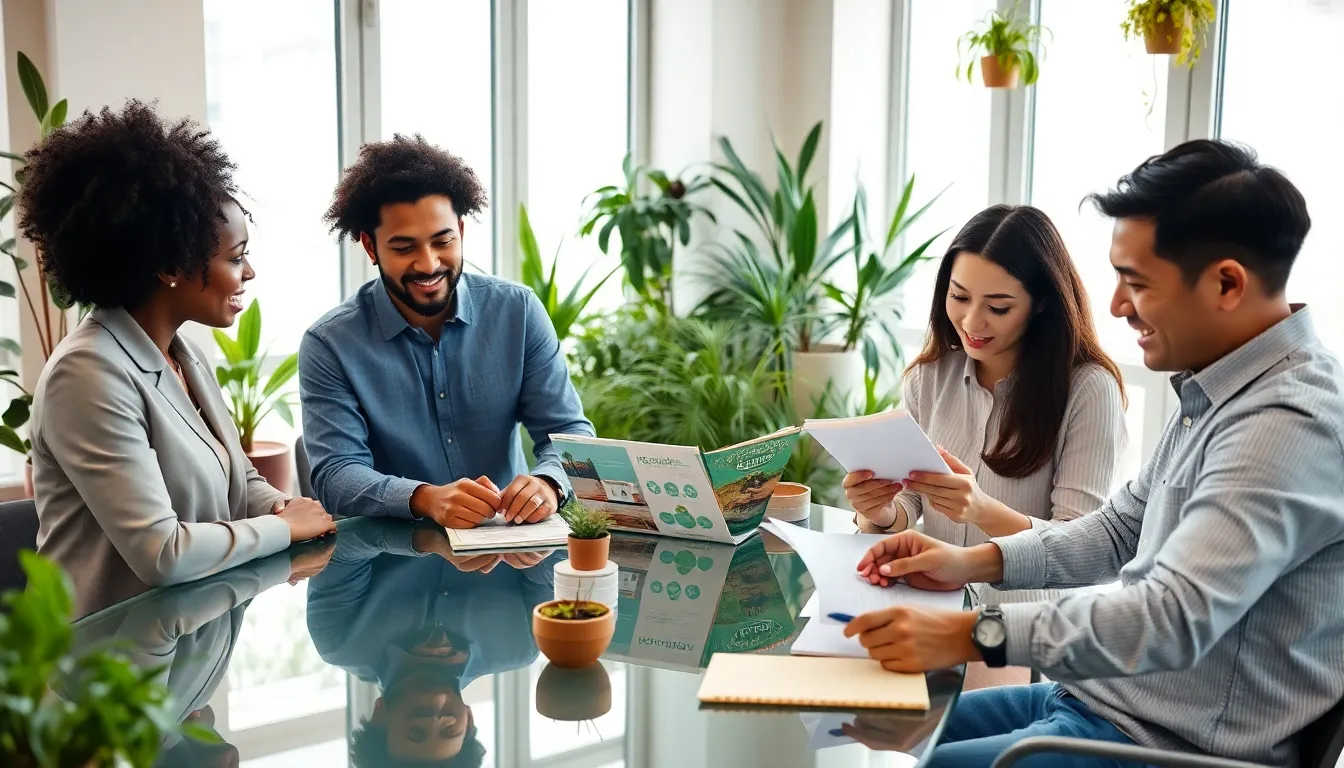 diverse team collaborating on sustainable living solutions in a modern office.
