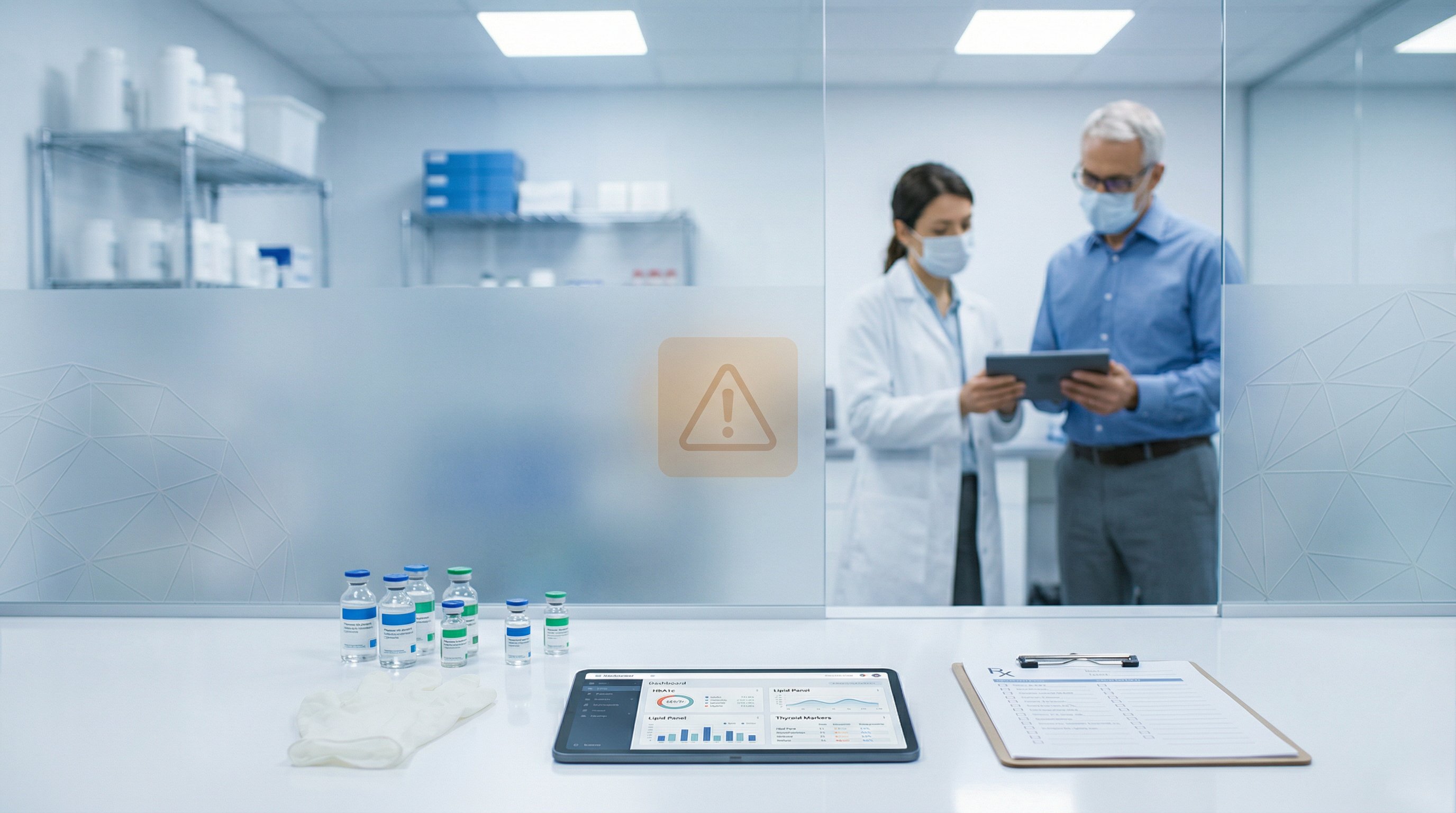 Healthcare professionals reviewing semaglutide vials and lab results in a clinical setting.