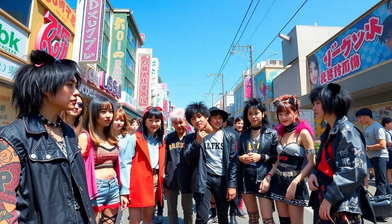 Diverse young people in vibrant fashion on a Harajuku street.