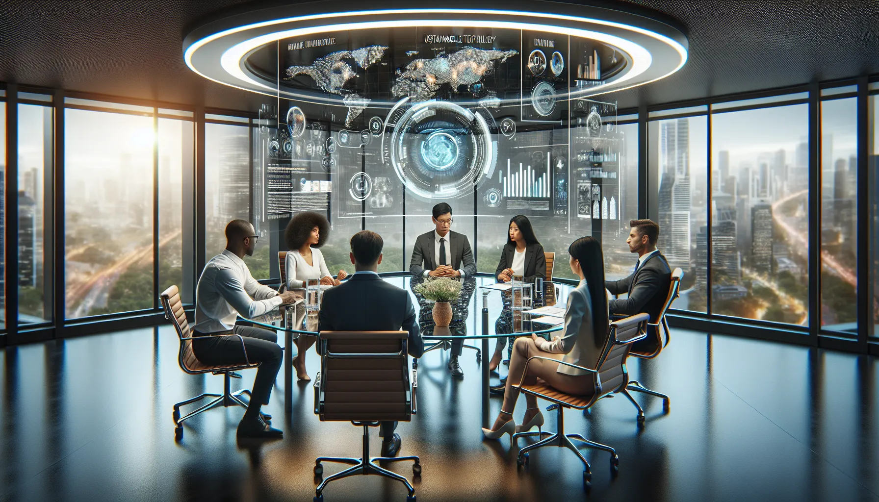 diverse professionals discussing technology in a modern office setting.