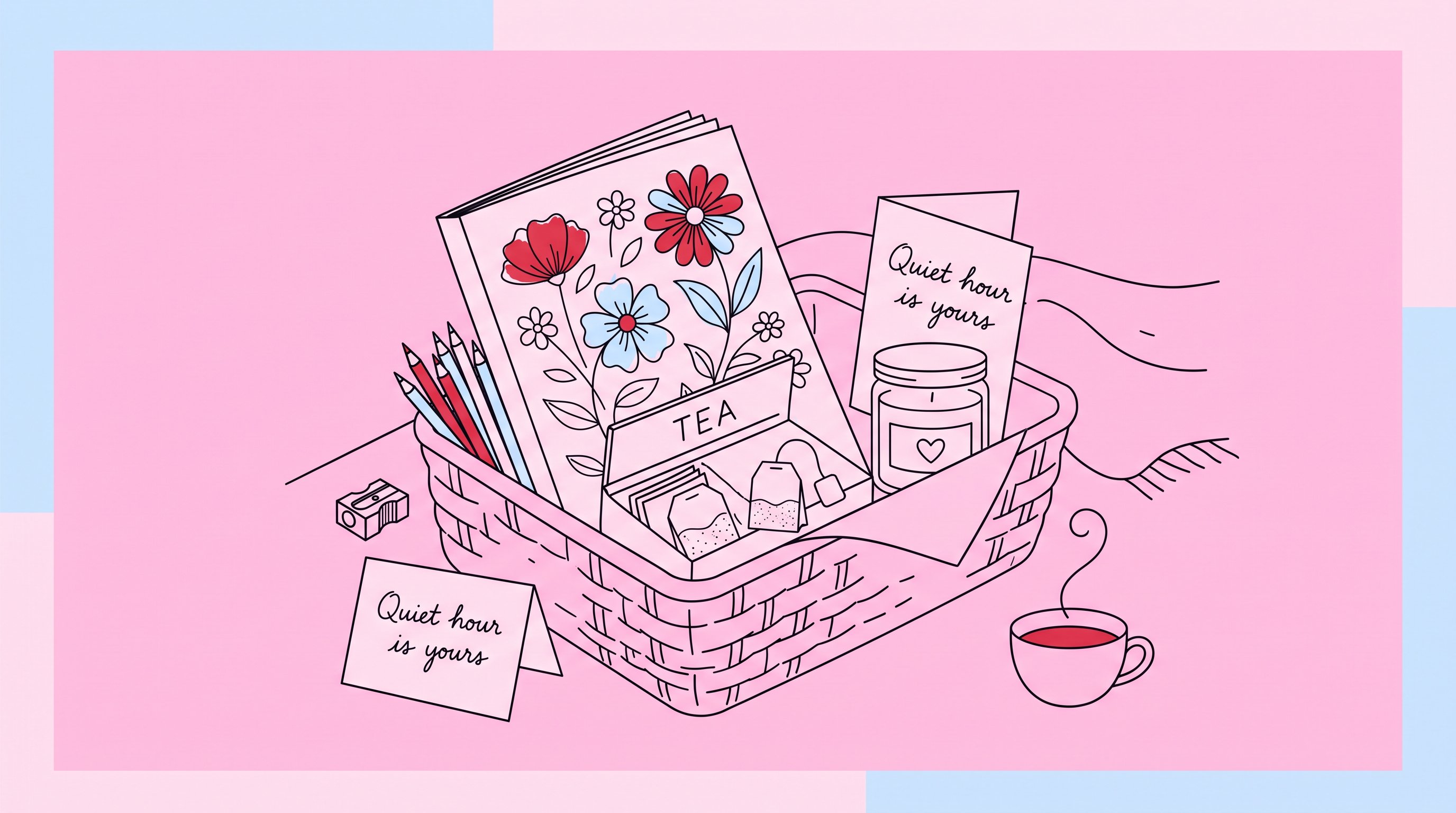 A self-care basket with coloring supplies, tea, candle, and a thoughtful card.