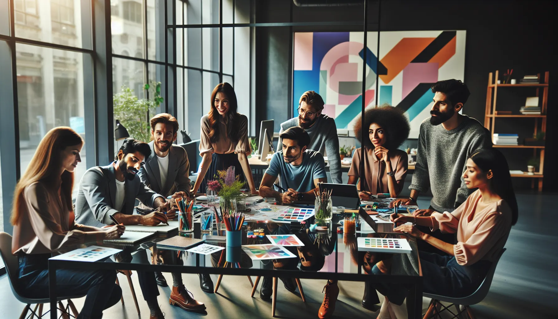 diverse creatives collaborating in a modern workspace.