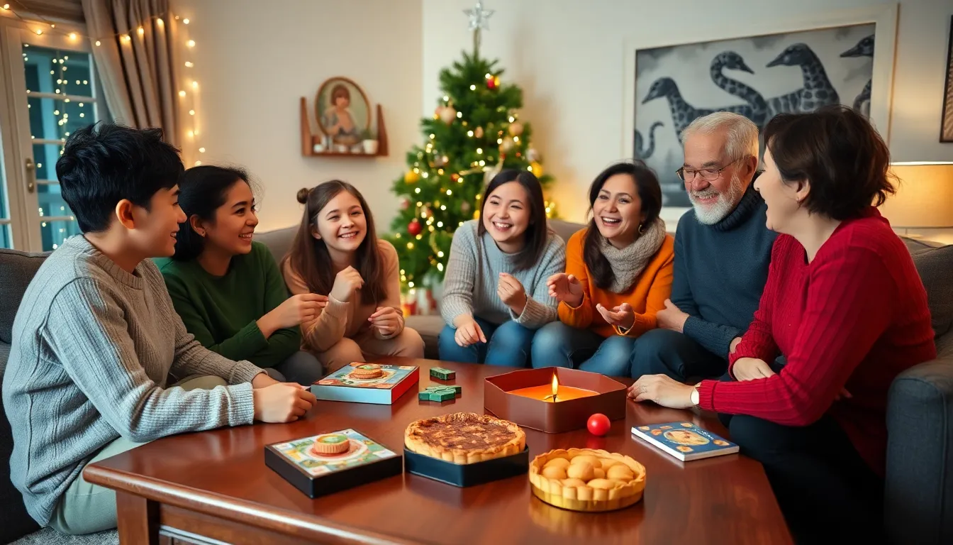 family enjoying fun holiday games in a cozy living room.