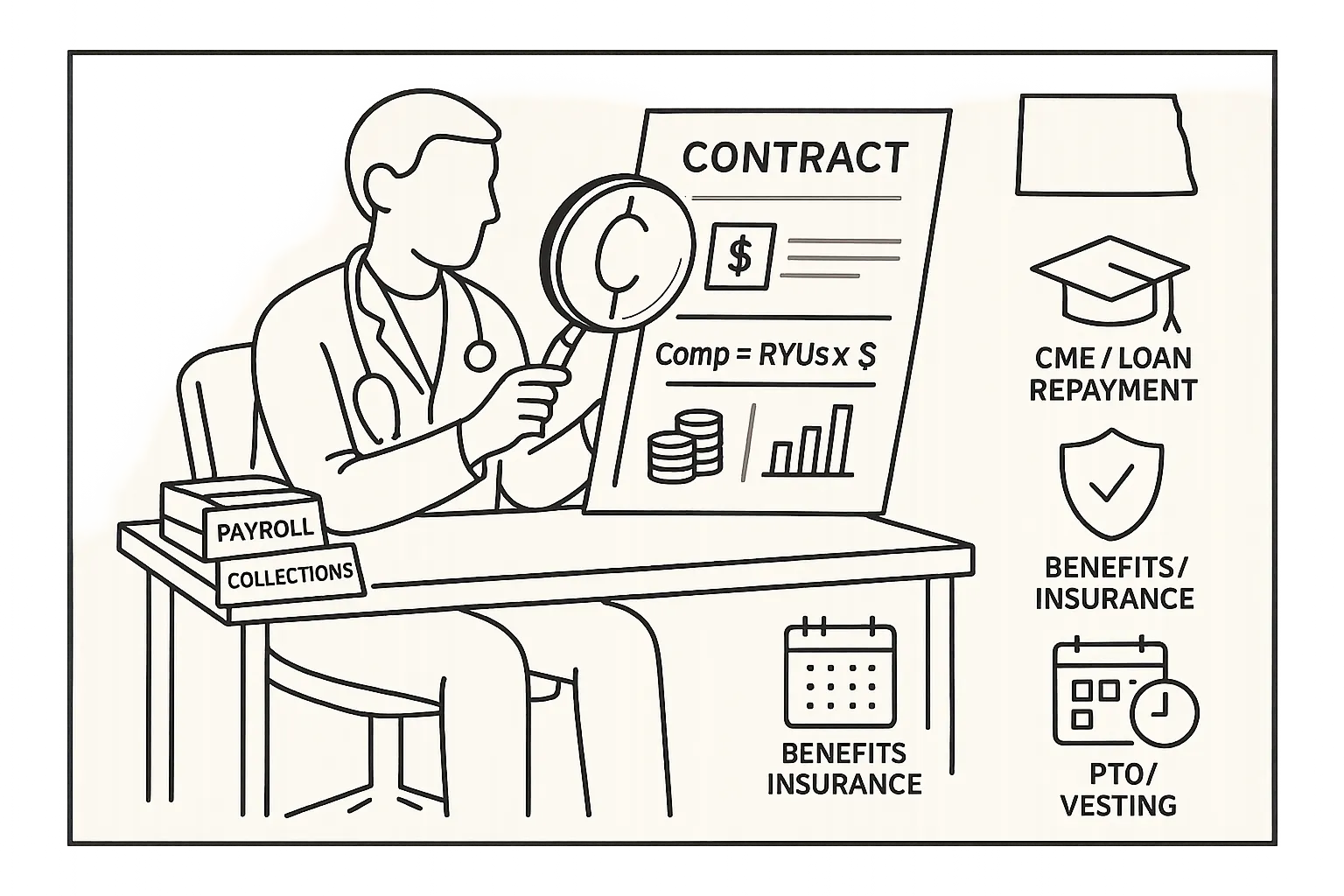 Physician assistant at desk examining a contract with salary and benefits icons.