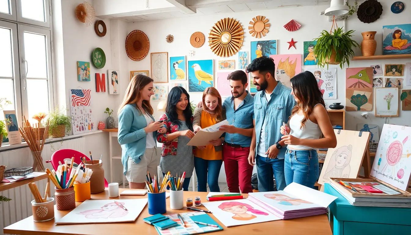 diverse group creating art in a colorful, modern workspace.