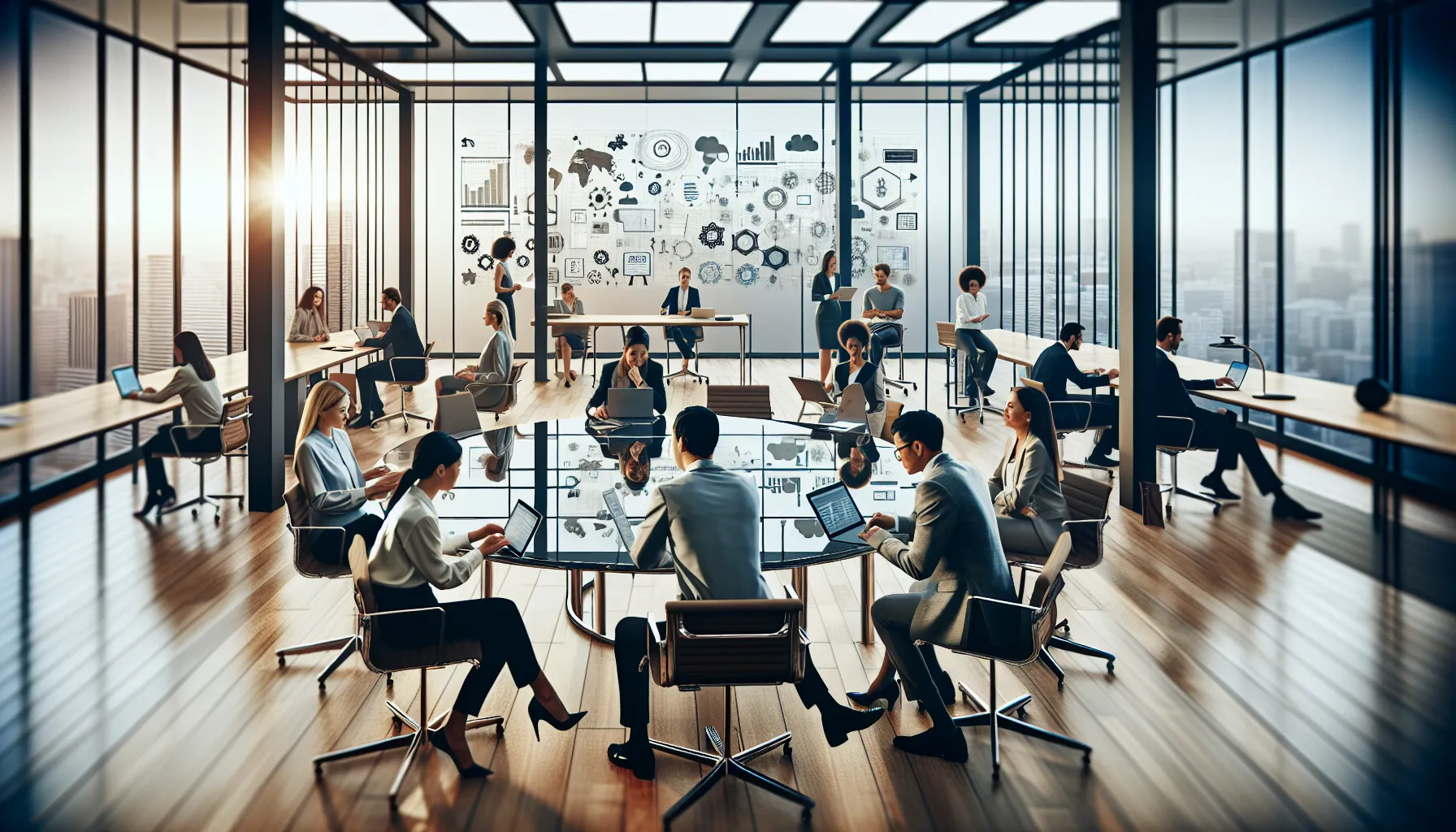 diverse professionals discussing language evolution in a modern office.