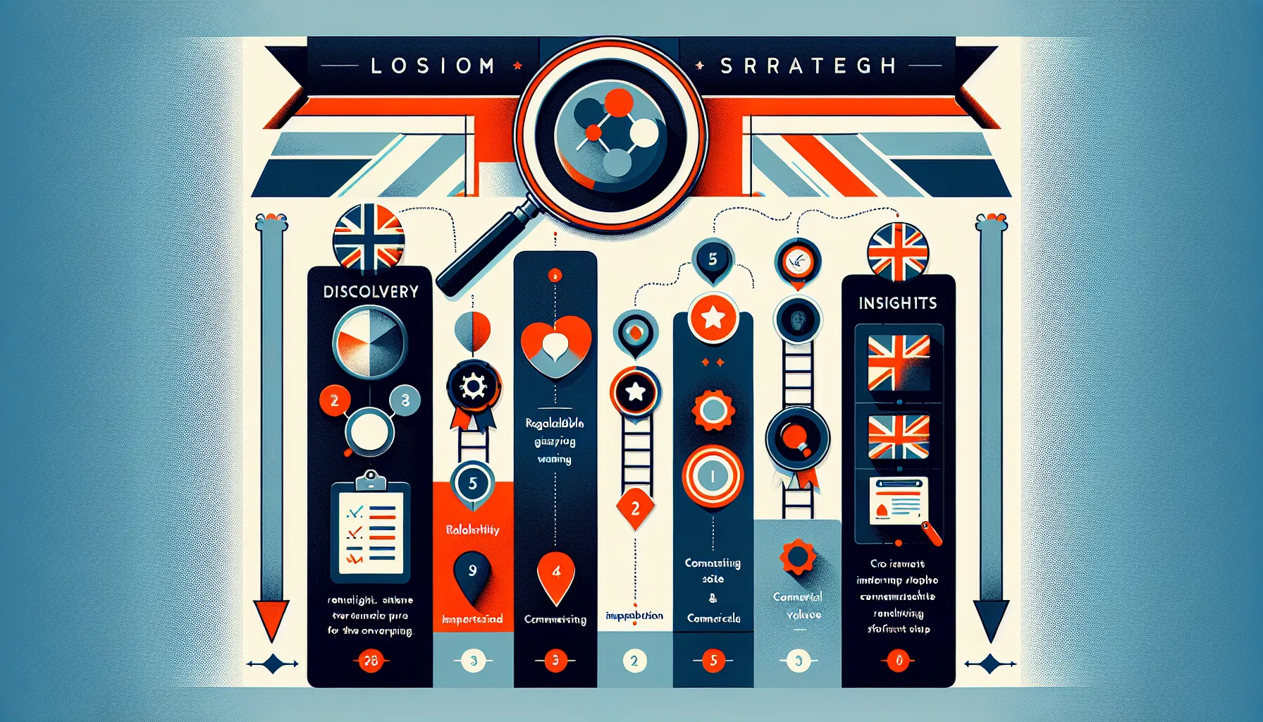 UK-themed process diagram of an SEO keywords list from discovery to action.