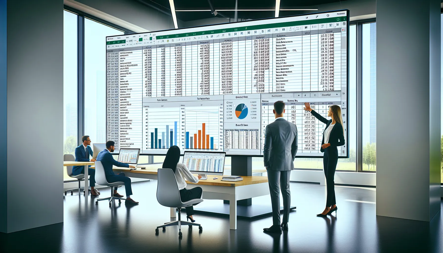 Analysts preparing structured Excel data feeding a Power BI dashboard in a modern office.