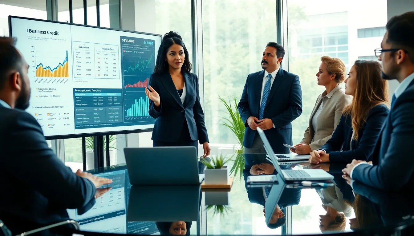 diverse professionals discussing business credit in a modern office.